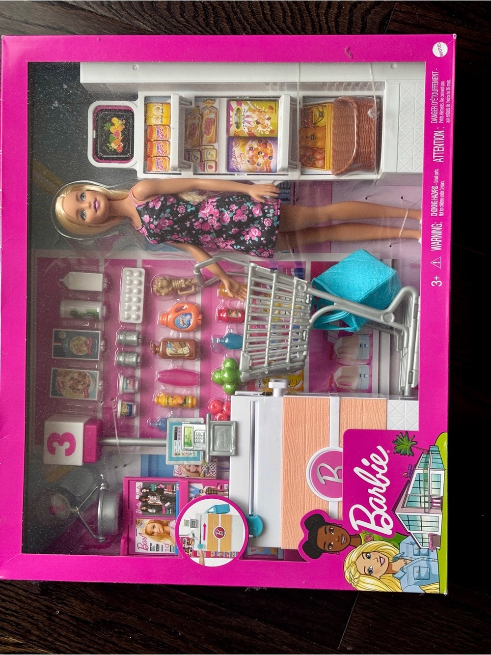 Barbie Doll Shopping Set with Black and Pink Floral Dress